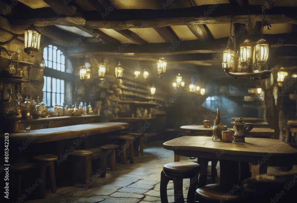 Fototapeta premium medieval fantasy dragons interior inn art adventuring tavern lit dungeons friendly concept Warm lanterns