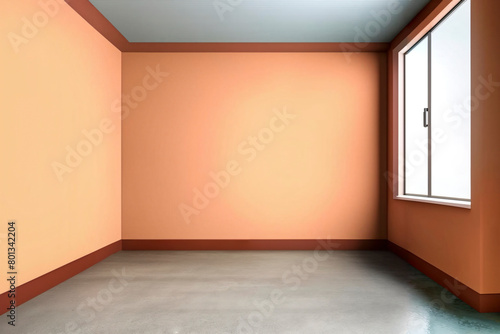 Empty bright studio room with window and cream walls. Space to display the product.