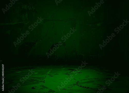 Empty dark green studio room with rough cement walls and floor. Grunge style. Template for displaying a product.