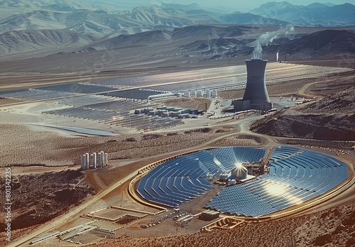 An aerial perspective captures a solar thermal power plant  photo