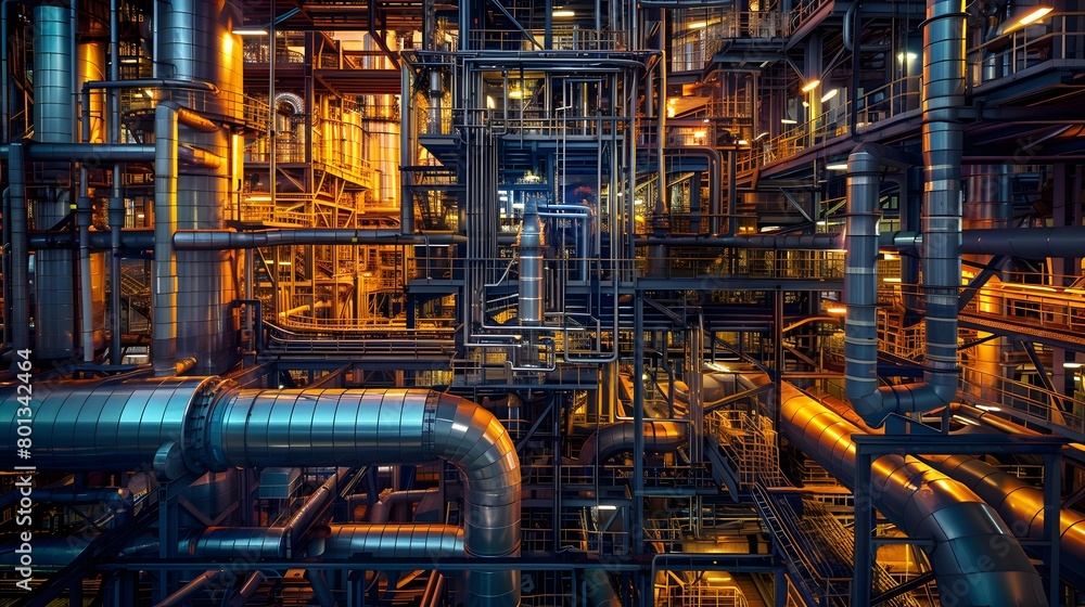 Labyrinth of industrial pipes and lights at twilight