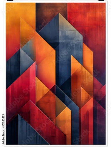 An abstract painting with a geometric pattern. The colors are red, orange, yellow, and blue. The painting has a modern and contemporary feel.
