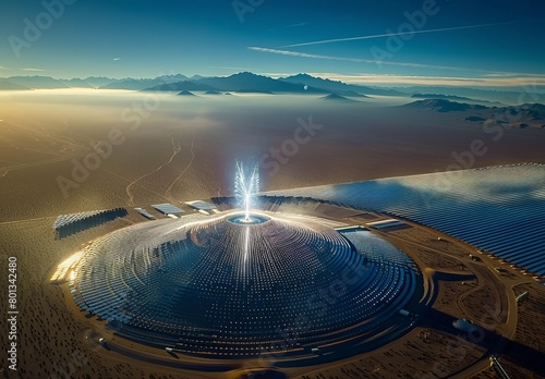 An aerial perspective captures a solar thermal power plant 