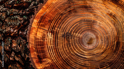 A closeup of a brown tree stump reveals a spiral pattern of annual rings in the wood. The circle formations show its age and growth  resembling a natural work of art