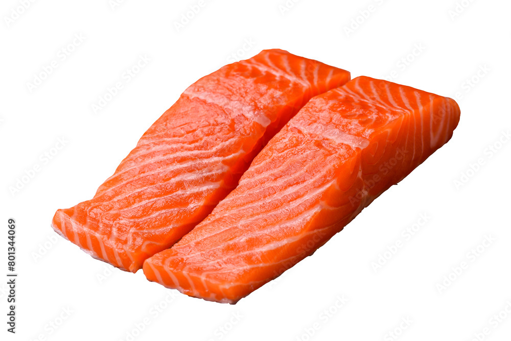Fresh raw salmon steak with spices and herbs prepared for grilled baking Fresh raw salmon steak with spices and herbs prepared for grilled baking