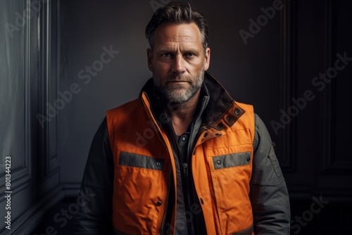 Portrait of a content man in his 40s dressed in a water-resistant gilet while standing against modern minimalist interior © CogniLens