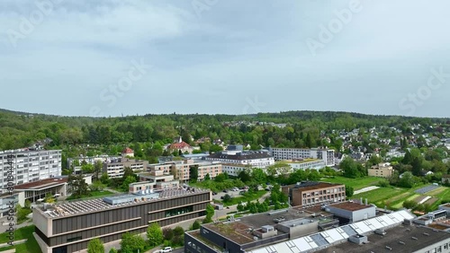 Aerial view of Swiss City of Zürich with hospital and university buildings at Weinegg District on a cloudy spring afternoon. Movie shot April 30th, 2024, Zurich, Switzerland.