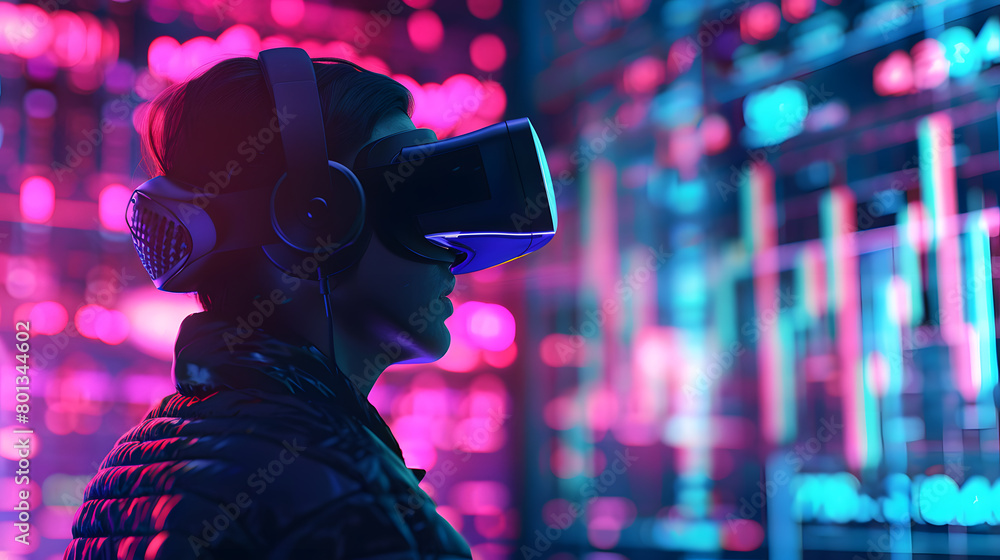 Young wearing virtual reality goggles. Virtual reality concept. 3D Rendering, Rear view of a man wearing a virtual reality headset, presented in 3D rendering Young wearing virtual reality goggles. Virtual reality concept. 3D Rendering, Rear view of a man wearing a virtual reality headset, presented in 3D rendering