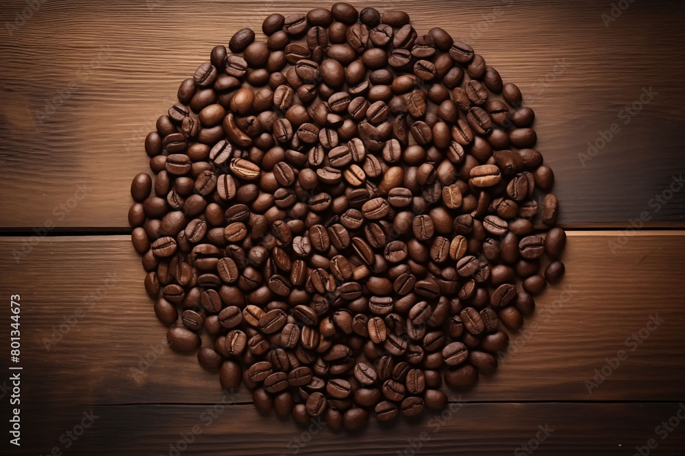 Artistic shot of coffee beans arranged in a spiral pattern on a wooden surface Artistic shot of coffee beans arranged in a spiral pattern on a wooden surface