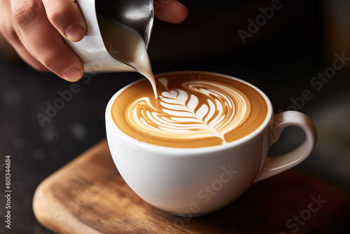 Barista crafting a beautiful latte art design on the surface of a cappuccino photo