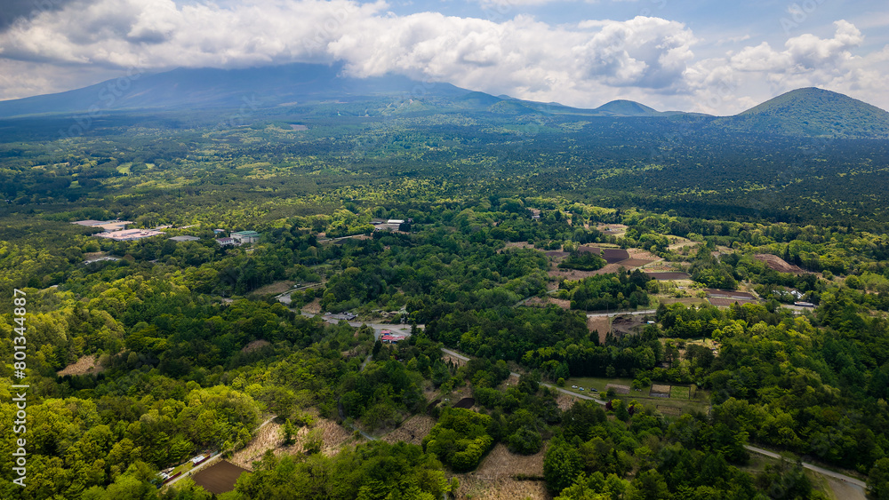 Aerial view of a cloud covered Mount Fuji and forest near Saiko, Japan Aerial view of a cloud covered Mount Fuji and forest near Saiko, Japan
