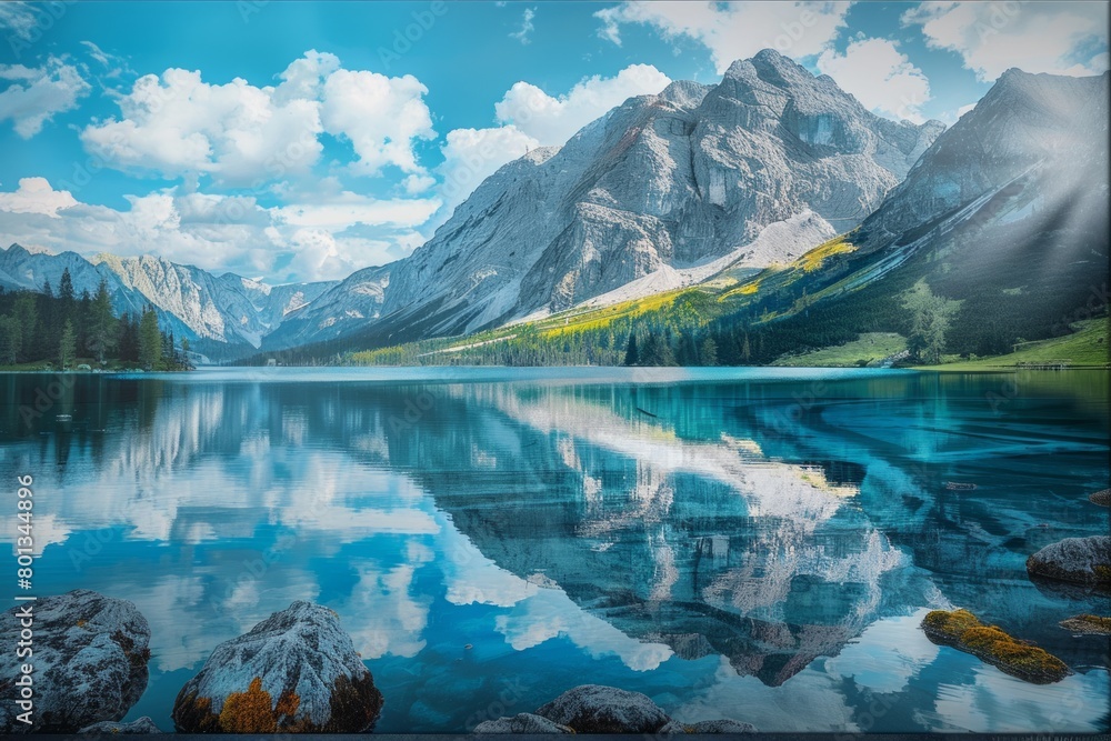 Tranquil Waters: A Stunning Lake Embraced by Majestic Mountain Peaks.