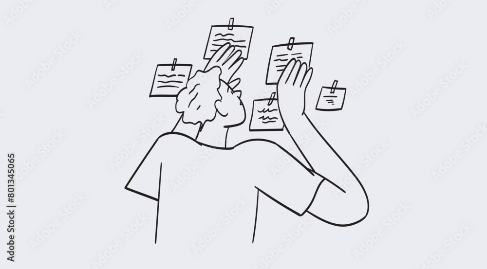 Man taking notes on board scheduling and organizing work in office or making timetable for university studies. Time management and organization concept. Line vector illustration in doodle style. Man taking notes on board scheduling and organizing work in office or making timetable for university studies. Time management and organization concept. Line vector illustration in doodle style.