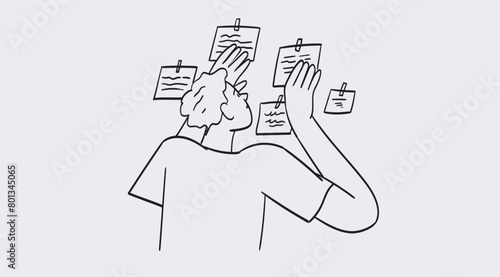 Man taking notes on board scheduling and organizing work in office or making timetable for university studies. Time management and organization concept. Line vector illustration in doodle style.