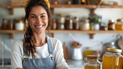 Joyful woman fills jars with golden honey in a sleek kitchen