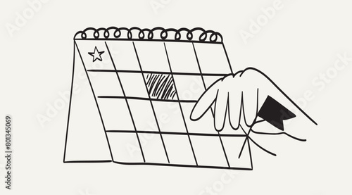 Flat line vector illustration of flip desk calendar schedule to organize or manage workflow or work tasks and responsibilities in office. Manager hand putting reminder notes in personal organizer.