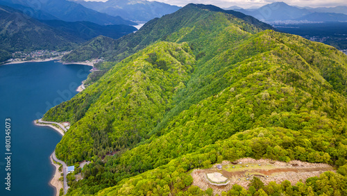 Aerial view of lush green forest surrounding a volcanic lake (Lake Saiko, Yamanashi, Japan) © whitcomberd