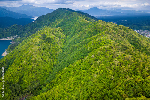 Aerial view of a lush forest on a mountain ridge next to a blue lake