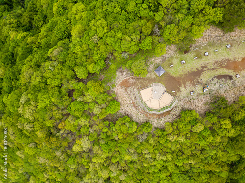 Top down aerial view of a small observation deck in the middle of a lush, green forest (aokigahara, Japan)