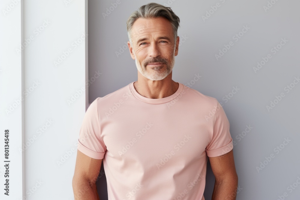 Portrait of a content man in his 50s donning a trendy cropped top over modern minimalist interior Portrait of a content man in his 50s donning a trendy cropped top over modern minimalist interior