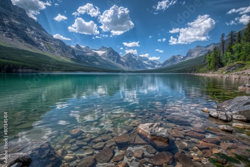 Azure Tranquility: A Serene Mountain Lake Beneath a Clear Blue Sky.