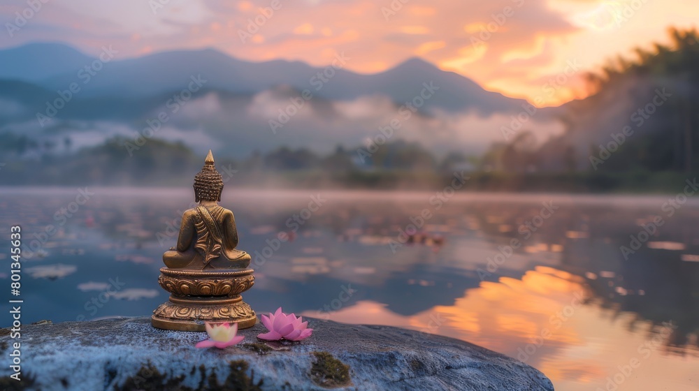 Buddha statue sits on stone by lake with orange sunrise sky. Buddha statue at water's edge, peaceful with sunrise and lotus flowers. Buddha statue sits on stone by lake with orange sunrise sky. Buddha statue at water's edge, peaceful with sunrise and lotus flowers.