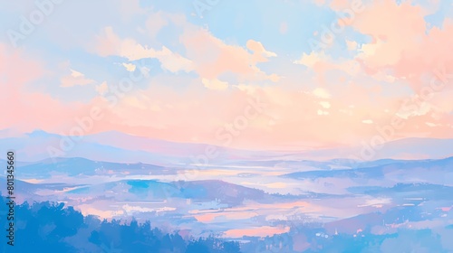 Capture the ethereal beauty of a wide-angle view at dawn, showcasing fog rolling over a serene landscape in soft pastel hues in a watercolor style