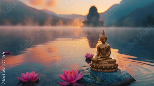 Buddha statue sits on stone by lake with orange sunrise sky.  Buddha statue at water s edge  peaceful with sunrise and lotus flowers.
