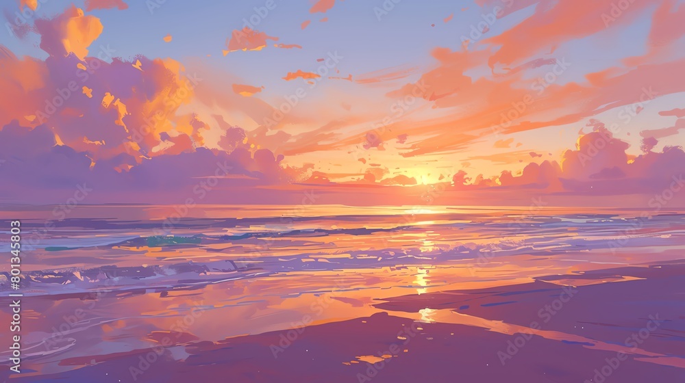 Capture the serene beauty of a rear view sunset at the beach Use warm, vibrant hues to blend the orange, pink, and purple skies Enhance the calm waters with a soft reflection