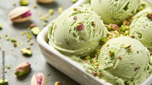 Pistachio ice cream with finely chopped nuts for a delicious crunch and vibrant colors © AlfaSmart