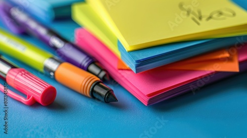 Creative Brainstorming Session with Vibrant Post it Notes and Colorful Markers on Workspace