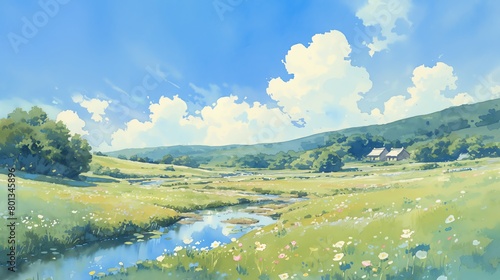 Illustrate a serene countryside landscape from a tilted angle perspective under clear blue day skies