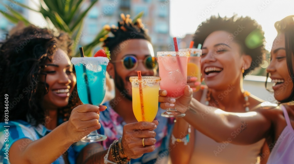 Friends cheering with colorful drinks at a rooftop party in the city Friends cheering with colorful drinks at a rooftop party in the city