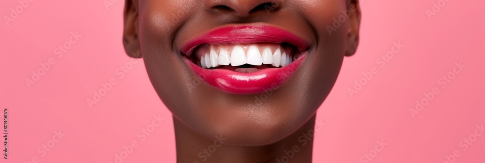 Naklejka premium Woman smiling face, with her immaculate white teeth and glossy pink