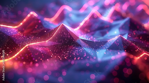 Visualize a rhythmic, music-inspired background where neon-bordered triangles in shades of magenta and cyan are set against a midnight blue canvas.