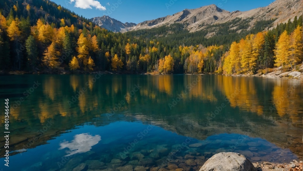 autumn lake surrounded by colorful yellow and red trees and blue sky
