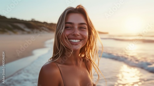 Woman with a radiant smile showing off her summer body in a bikini