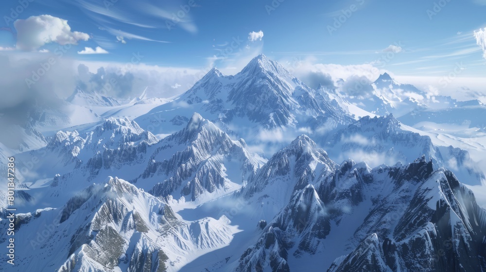 Alpine Splendor: Majestic Snow-Capped Mountains Against a Flawless Blue Sky.