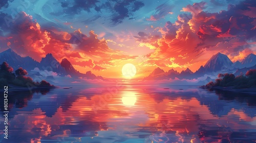 Breathtaking Sunset Reflections over a Serene Lakeside Landscape with Majestic Mountains in the Distance
