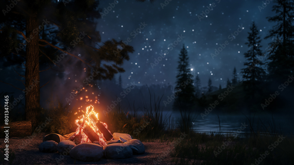A tranquil night scene of a crackling campfire by a lakeside, with sparkling stars overhead, evoking a peaceful and introspective atmosphere in the wilderness.