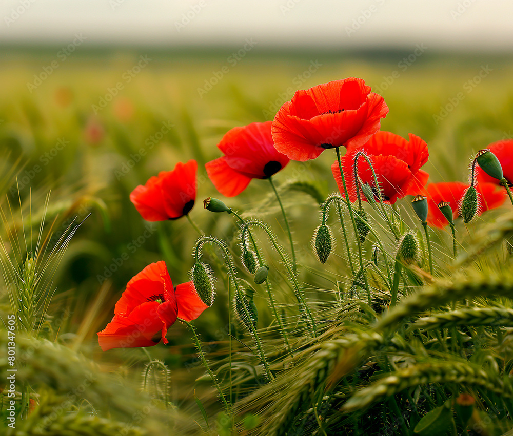 Naklejka premium Red poppies in a green wheat field