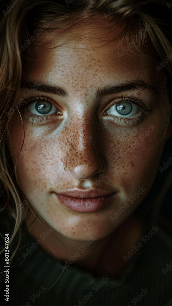 close-up, editorial photograph of a 21 year old woman, background inside dark, moody close-up, editorial photograph of a 21 year old woman, background inside dark, moody