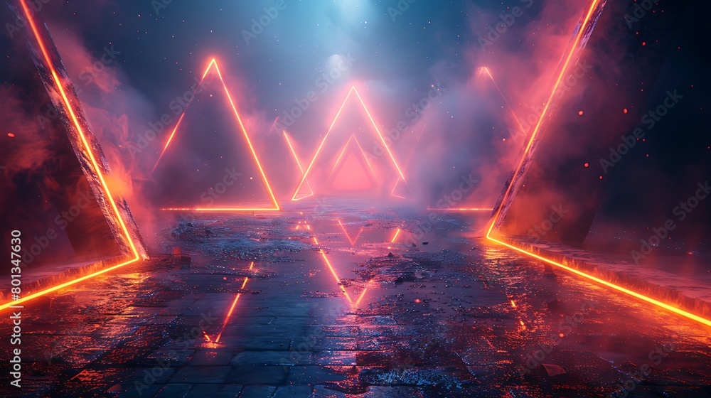 Design a digital visualization of a series of overlapping triangles with glowing neon edges on a deep space-like background.