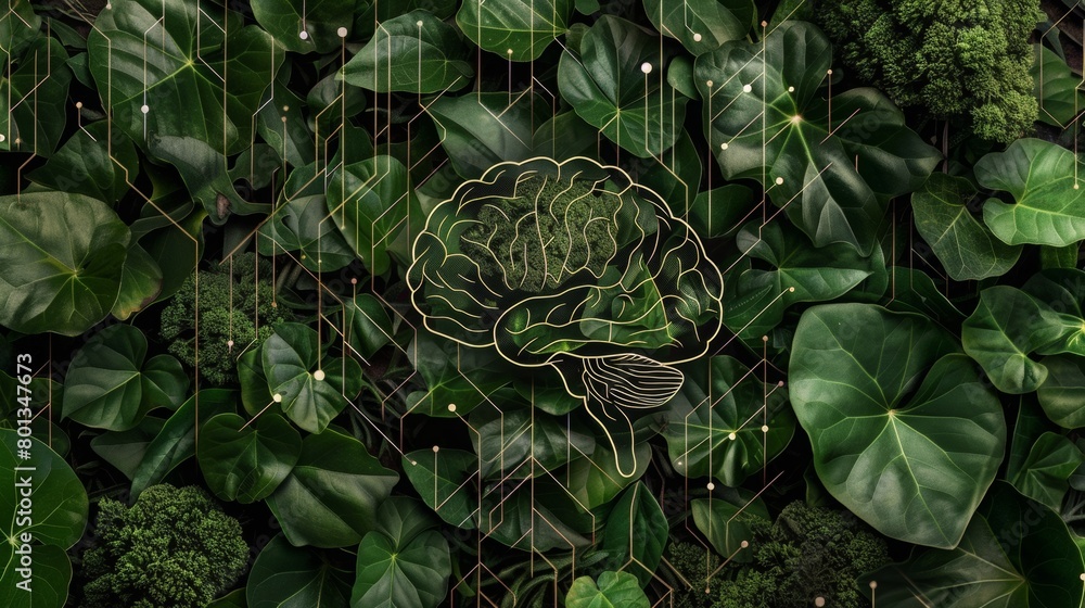 Fototapeta premium Conceptual artwork of a human brain outlined over lush green foliage, symbolizing the connection between mental health and nature, concept of biophilic design and natural intellect
