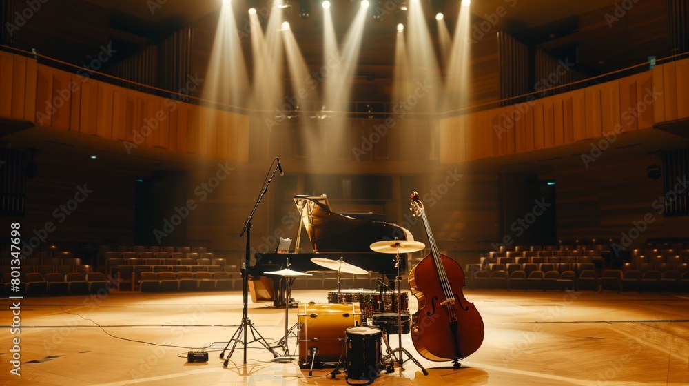 Fototapeta premium A grand piano, drums, and double bass set up on stage in an empty concert hall with dramatic lighting.