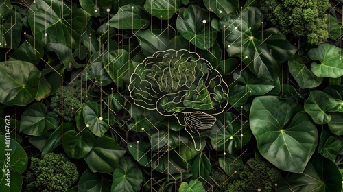 Conceptual artwork of a human brain outlined over lush green foliage, symbolizing the connection between mental health and nature, concept of biophilic design and natural intellect photo