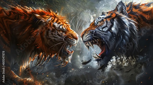 Tiger vs angry tiger with dramatic jungle background wallpaper AI generated image