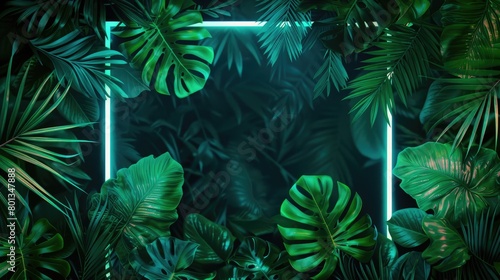 A tropical elegant frame made of exotic emerald leaves and neon lighting. Stylish fashion banner. Plants illuminated with purple  orange  pink fluorescent light.