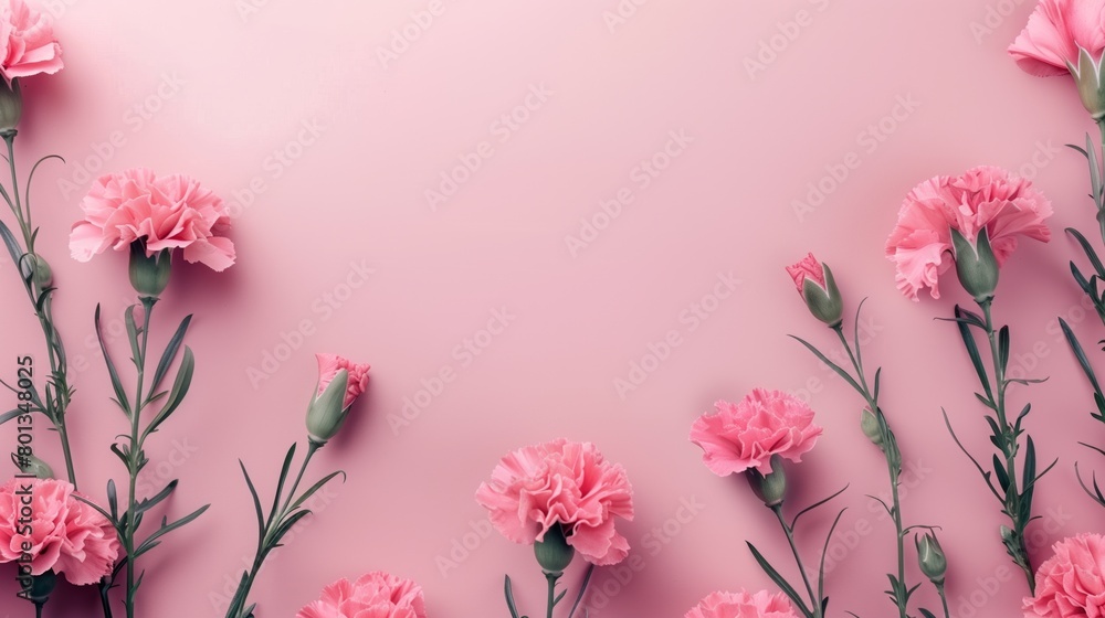 Fototapeta premium A beautifully arranged array of pink carnations on a soft pink background, creating a vibrant floral pattern.