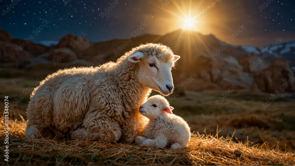 Fototapeta premium A newborn lamb and its mother resting in a nativity scene, with the Star of Bethlehem shining in the night sky behind them.